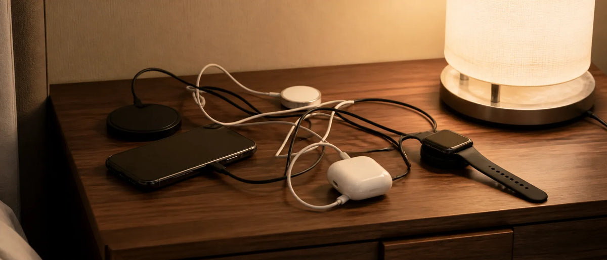 Travel charging setup with three separate chargers and tangled cables