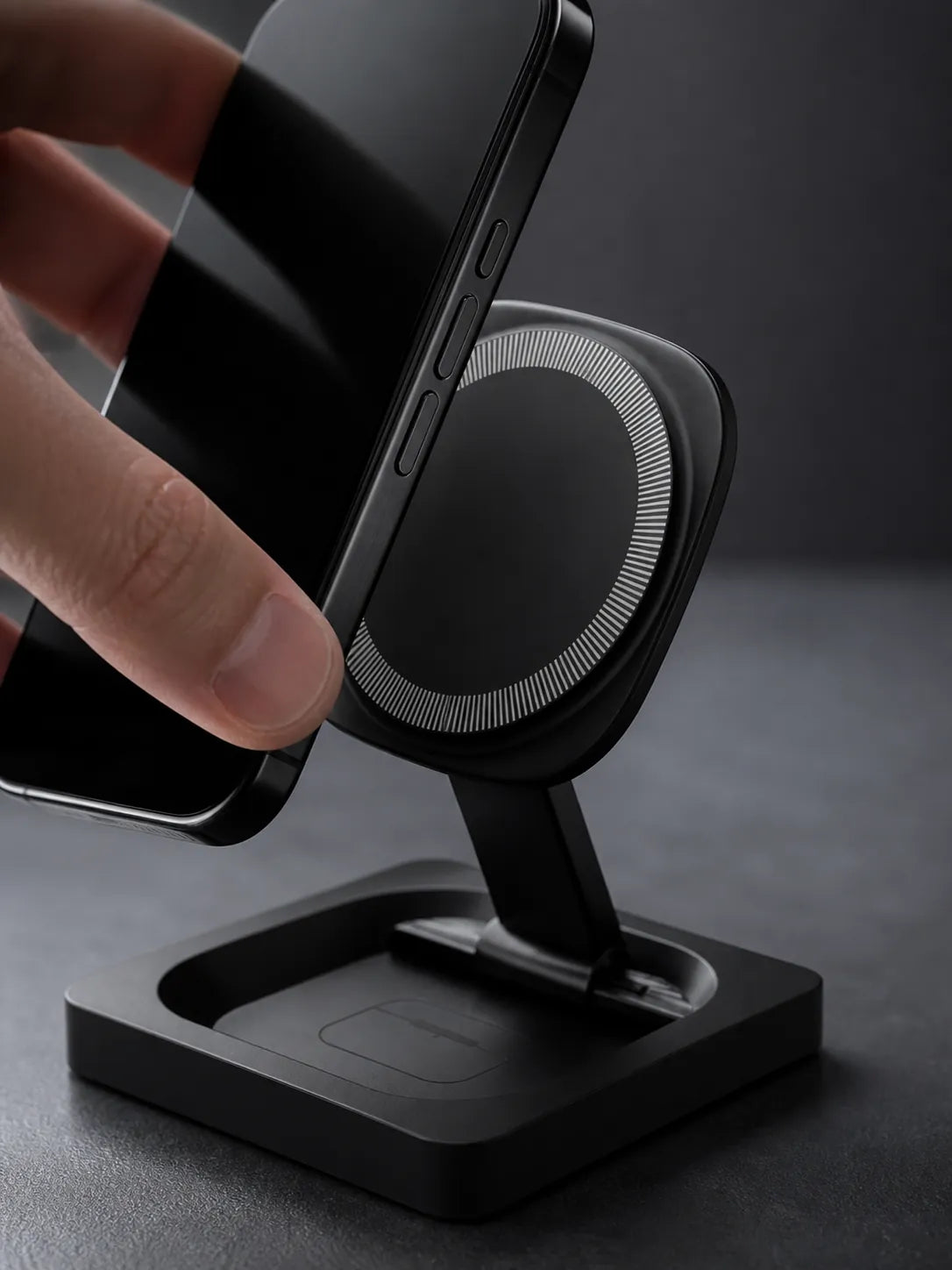 Magnetic phone charging pad on the black GoBloks station