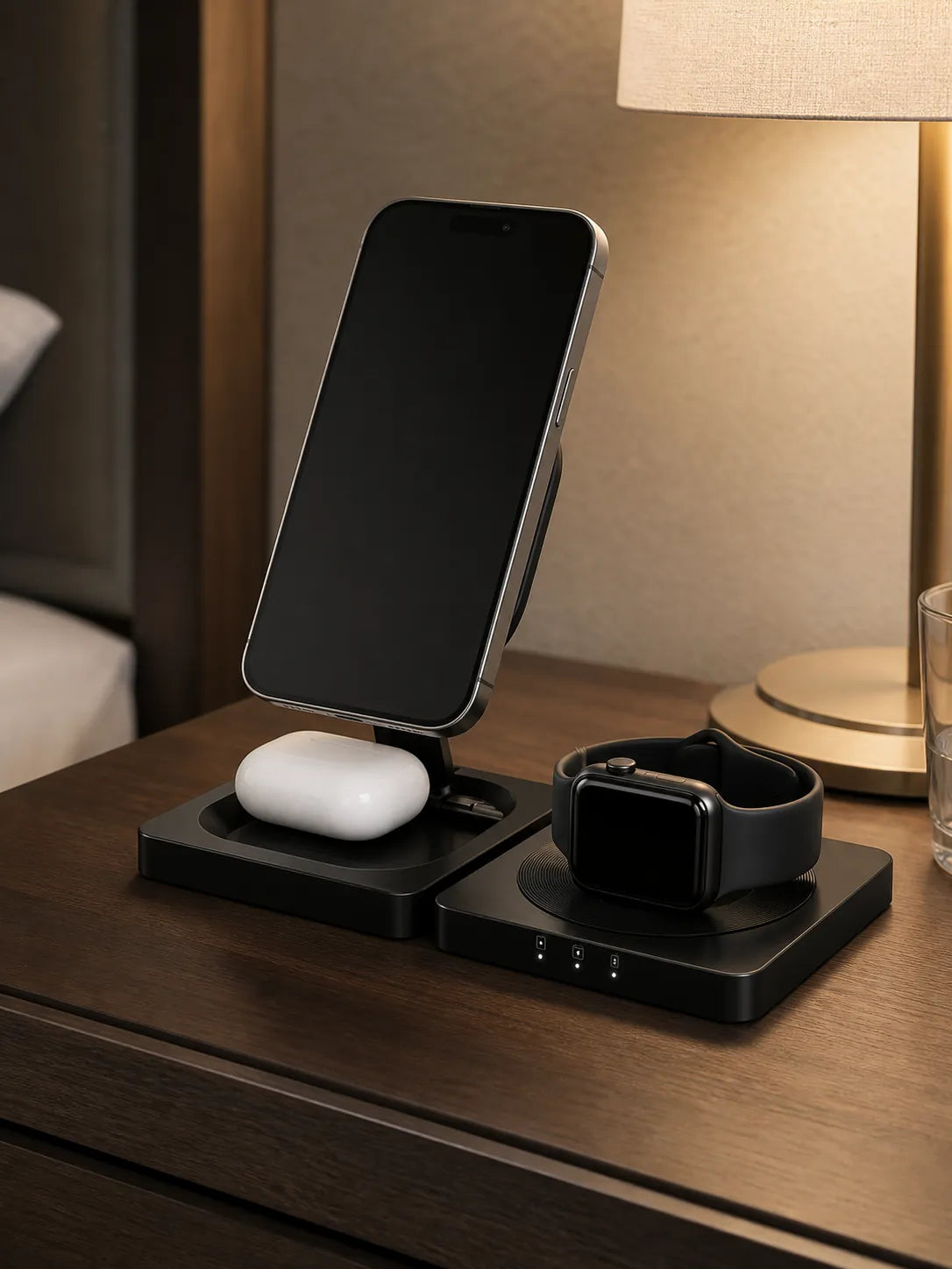 GoBloks charging a compatible phone, earbuds, and watch