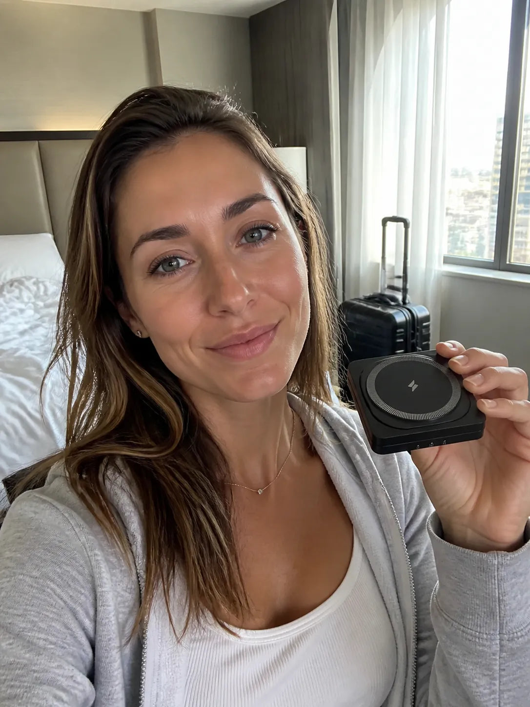 Traveler holding the compact folded GoBloks charger