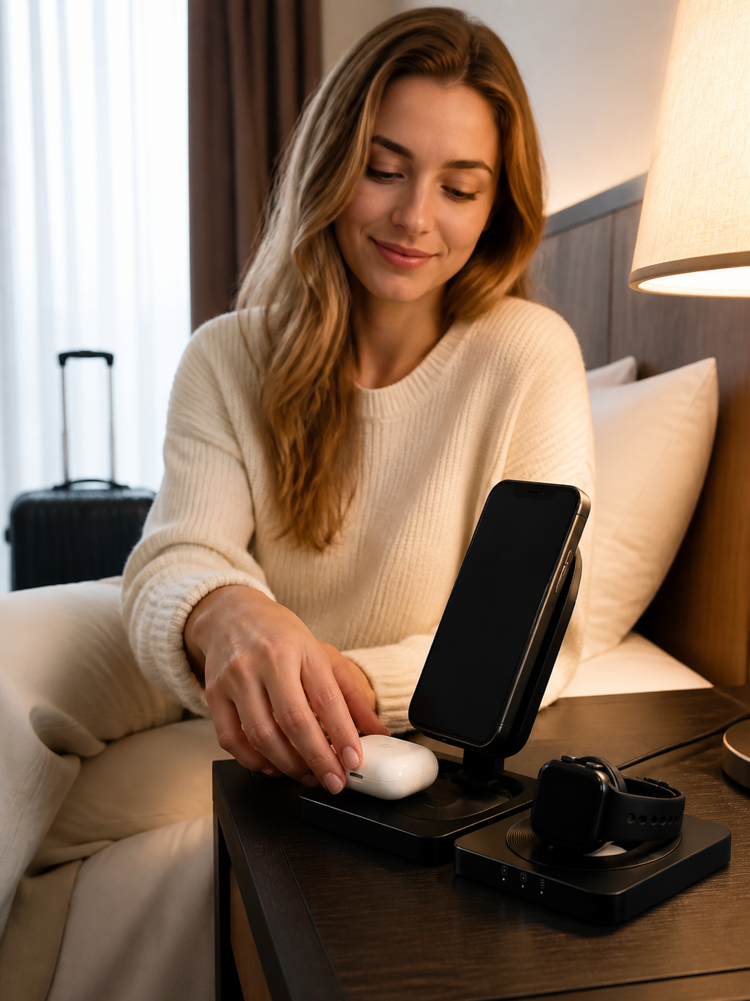 Traveler using GoBloks on a hotel bedside table