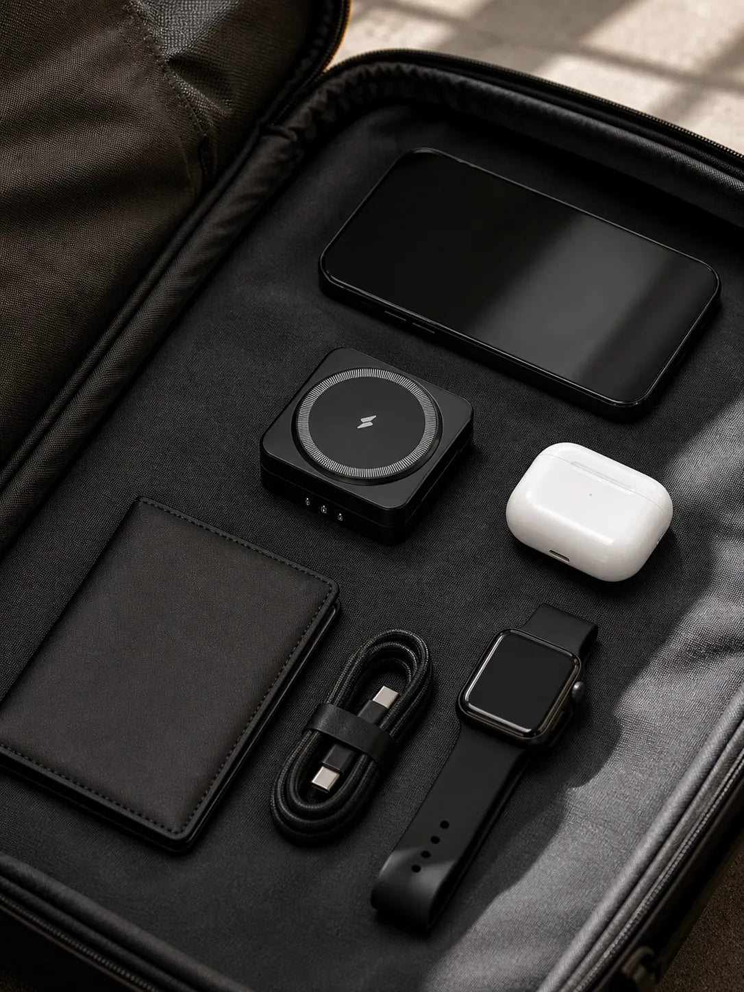 Folded GoBloks packed with everyday travel essentials