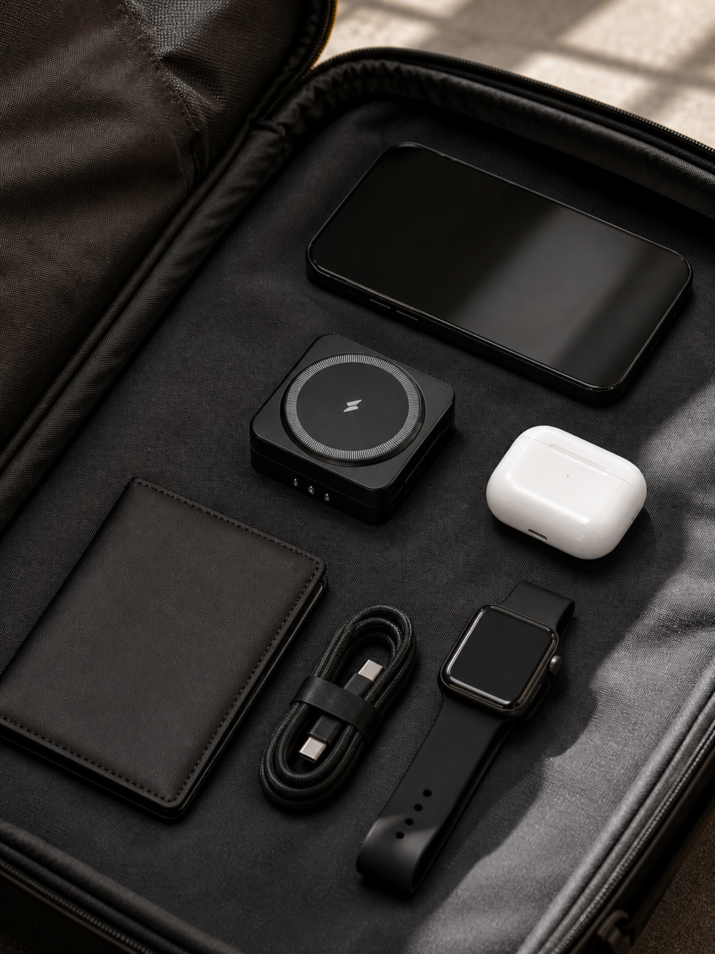 Folded GoBloks packed with everyday travel essentials