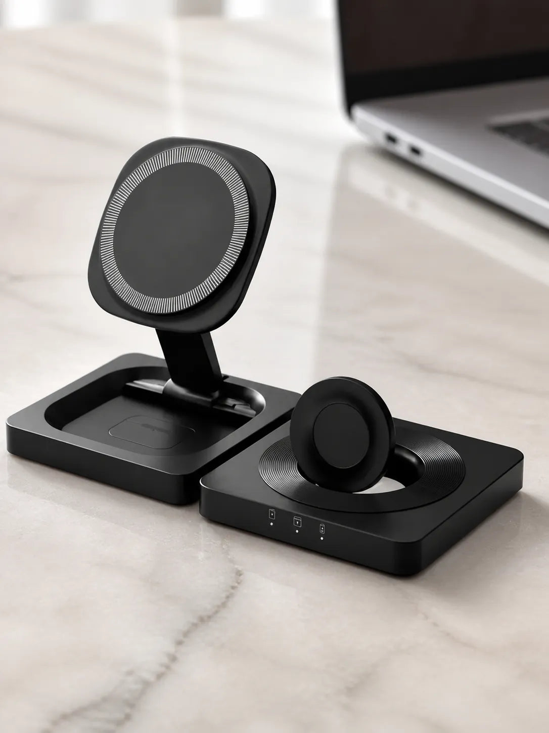 Black GoBloks foldable wireless charger in a refined studio setting