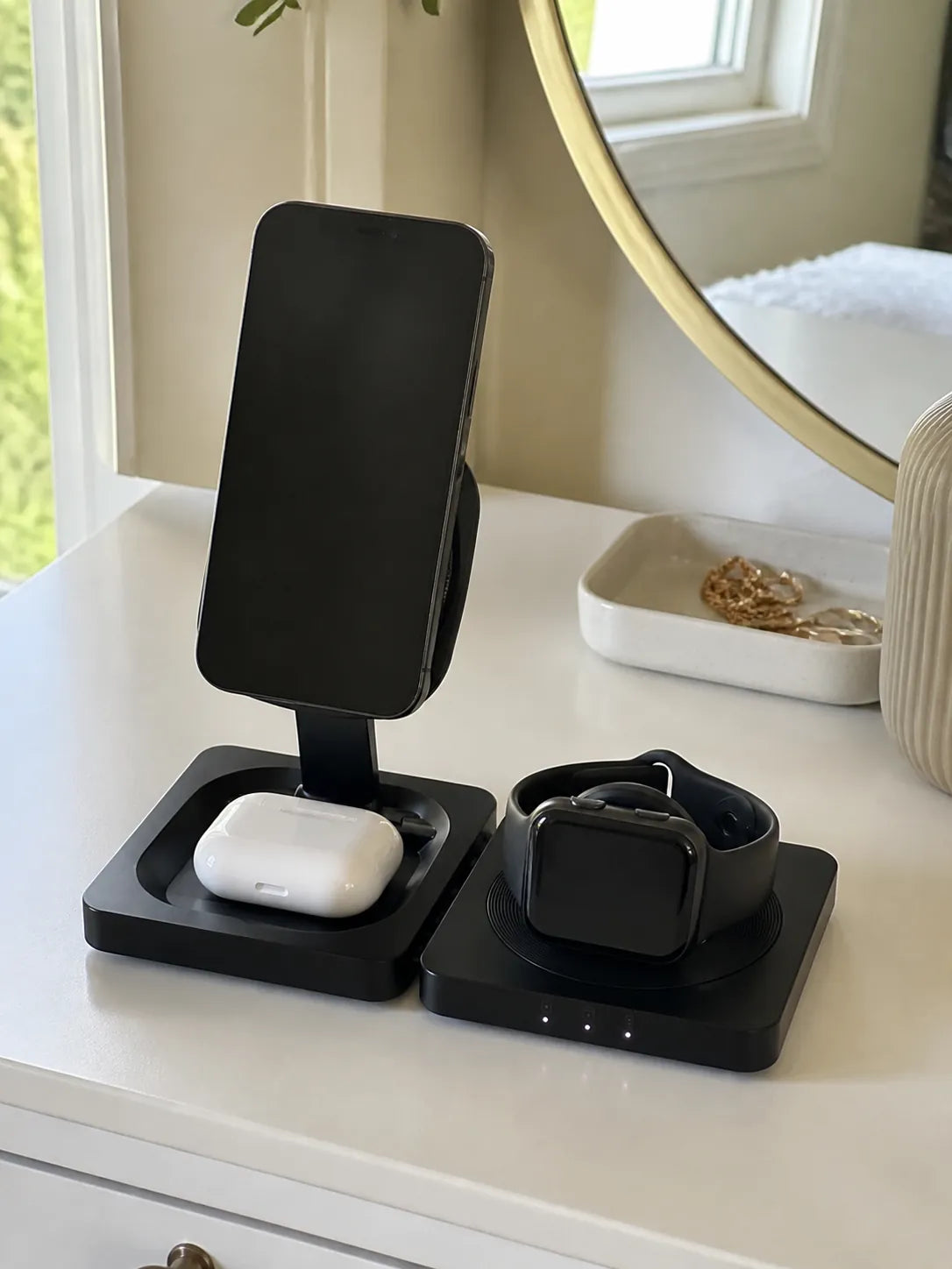 GoBloks charging three devices on a clean vanity